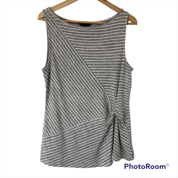 BANANA REPUBLIC GREY/WHITE STRIPED SLEEVELESS TOP WITH TWIST DETAIL, MEDIUM - Picture 1 of 8